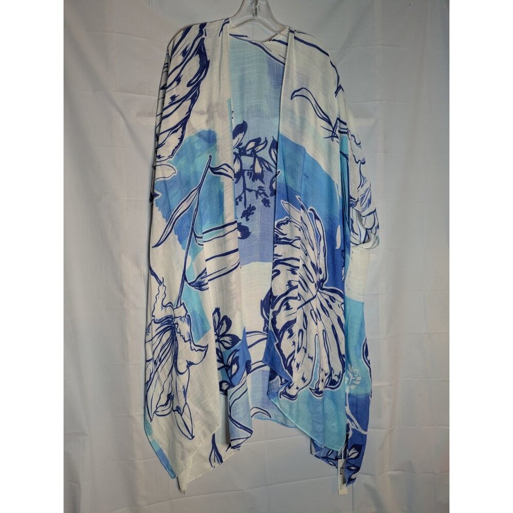 One by Onedder Women's Blue Palm Floral Kimono Cover Up Sz OS Beachy Resort Boho